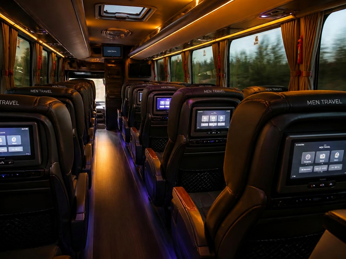 Intérieur du bus : sièges inclinables en cuir et écrans individuels